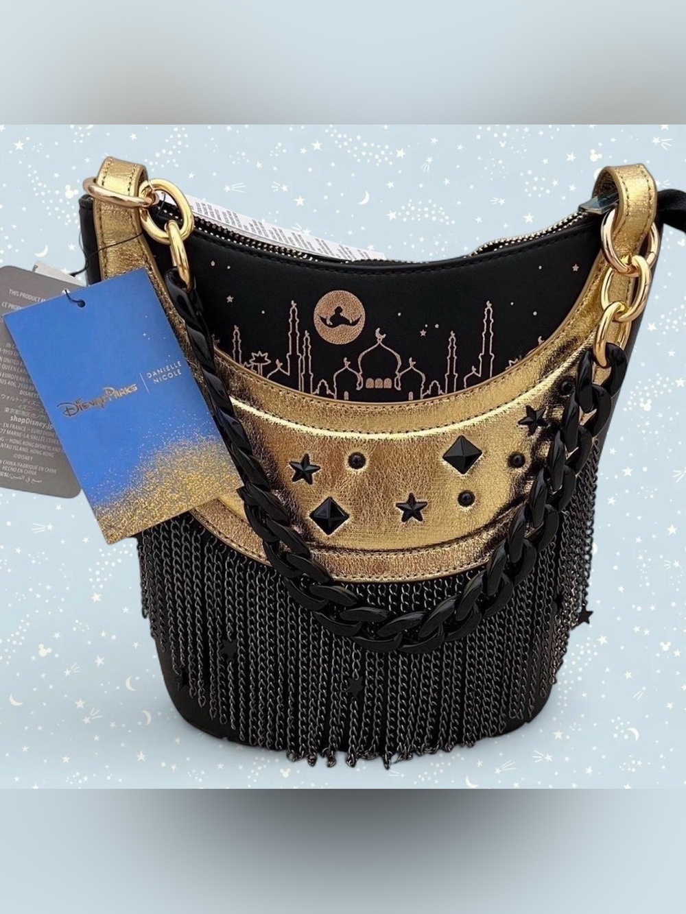 Disney x Danielle Nicole Aladdin Princess Jasmine Black & Gold Fringe Hobo Bag